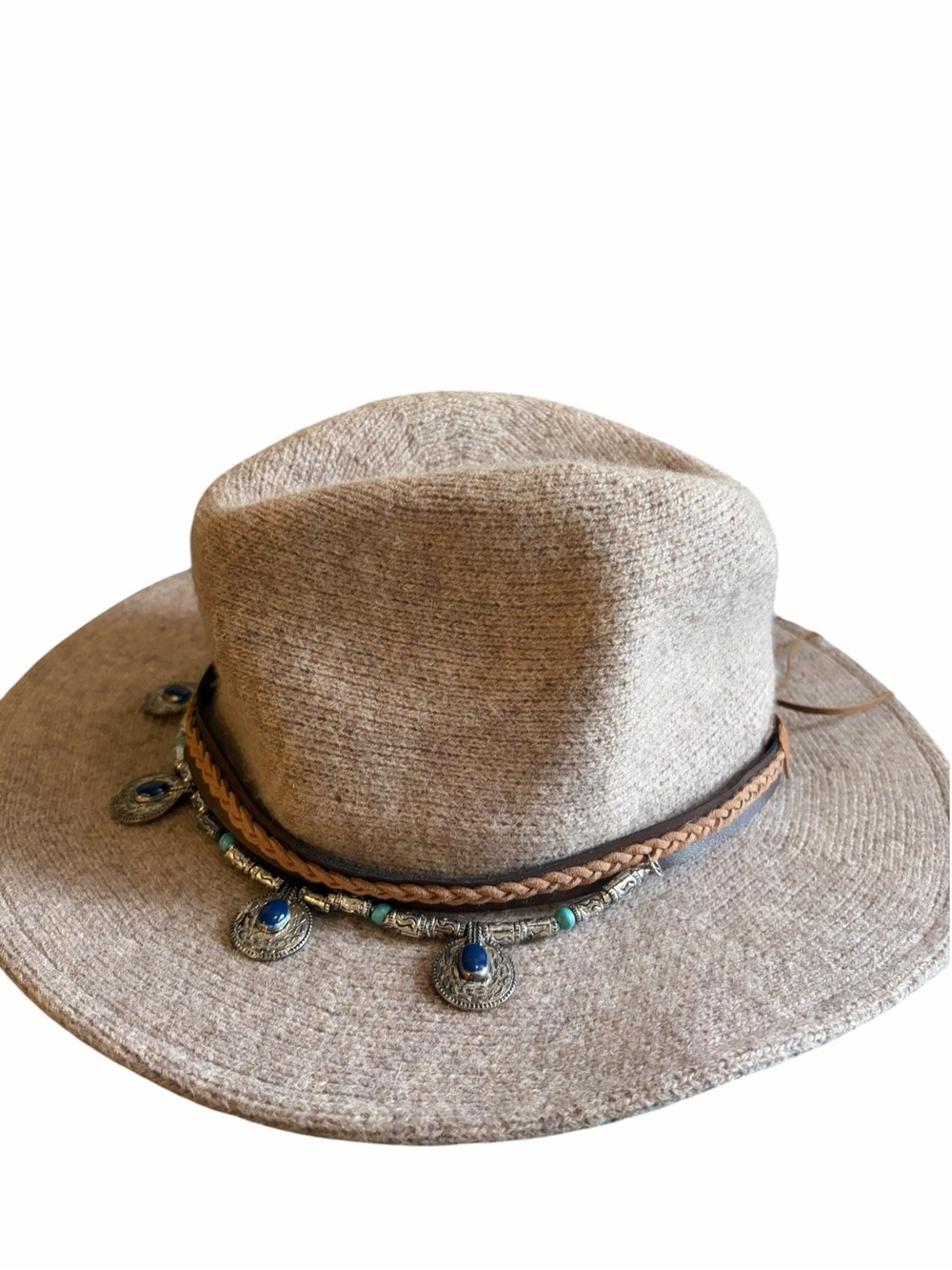 ALTAR’D STATE wool blend light tan western hat with turquoise medallions